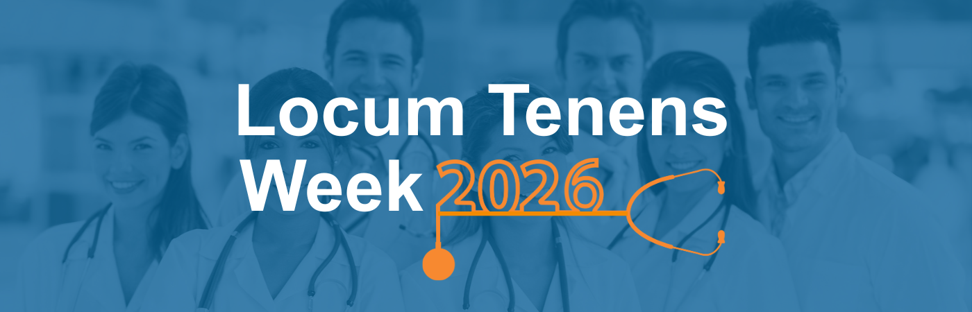'Locum Tenens Week 2026' in front of a blue background with smiling doctors