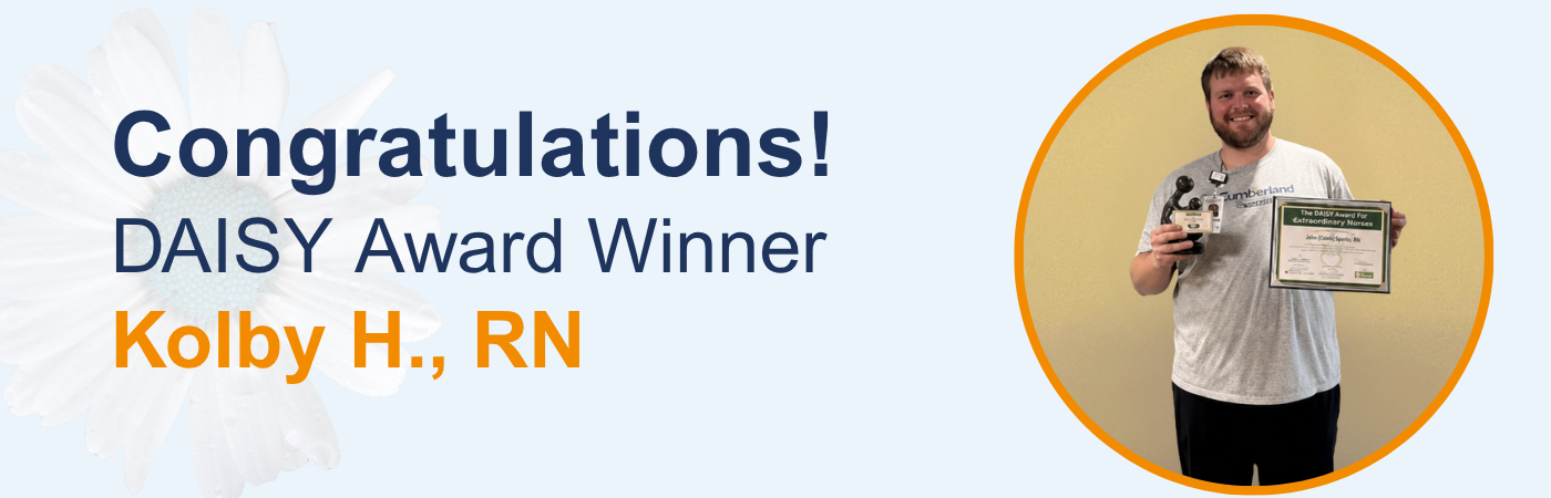 Banner image showing a picture of HealthTrust RN Kolby H. with the text, 'Congratulations! Daisy Award Winner' Banner image showing a picture of HealthTrust RN Kolby H. with the text, 'Congratulations! Daisy Award Winner'
