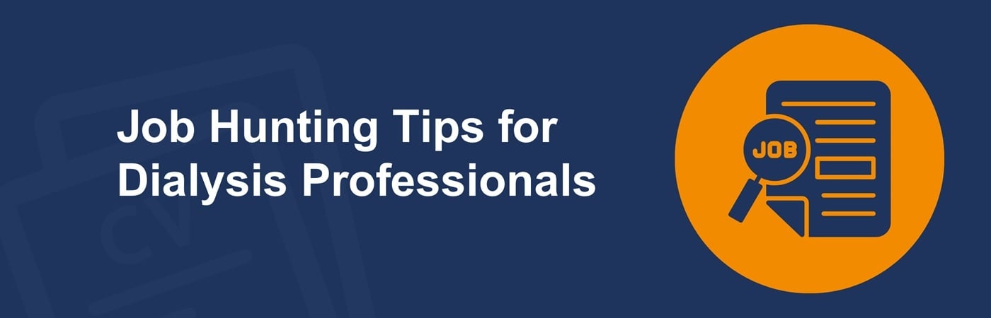 Banner image of the HealthTrust Workforce Solutions logo against a blue background with the text, 'Job Hunting Tips for Dialysis Professionals'