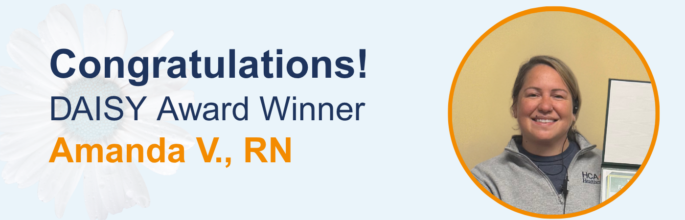 Banner image of HealthTrust RN Amanda V. with the text, 'Congratulations! DAISY Award Winner'