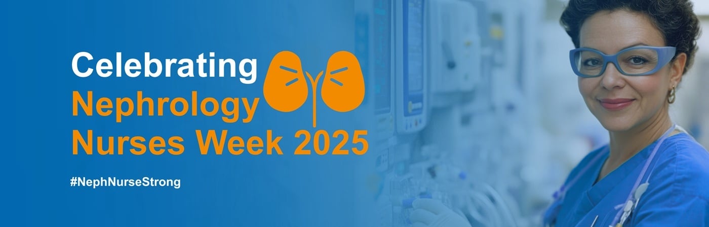 Image of a smiling nurse with the text, 'Celebrating Nephrology Nurses Week 2025' and the hashtag, #NephNurseStrong