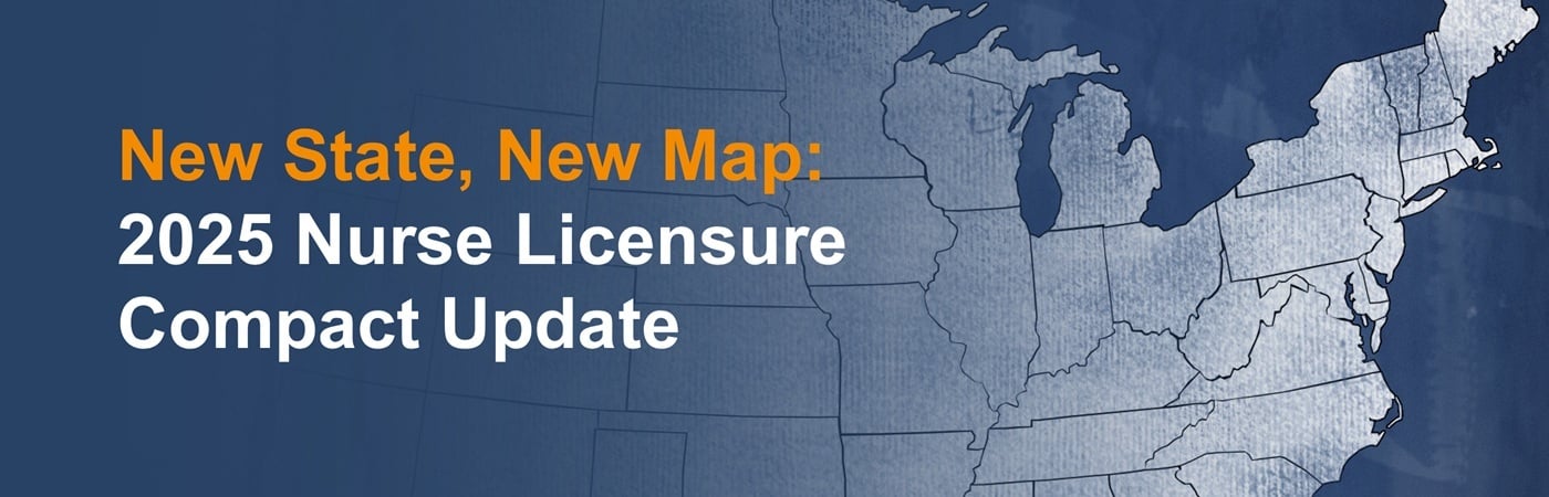 Banner image with a map of the USA and the text, 'New State, New Map: 2025 Nurse Licensure Compact Update'