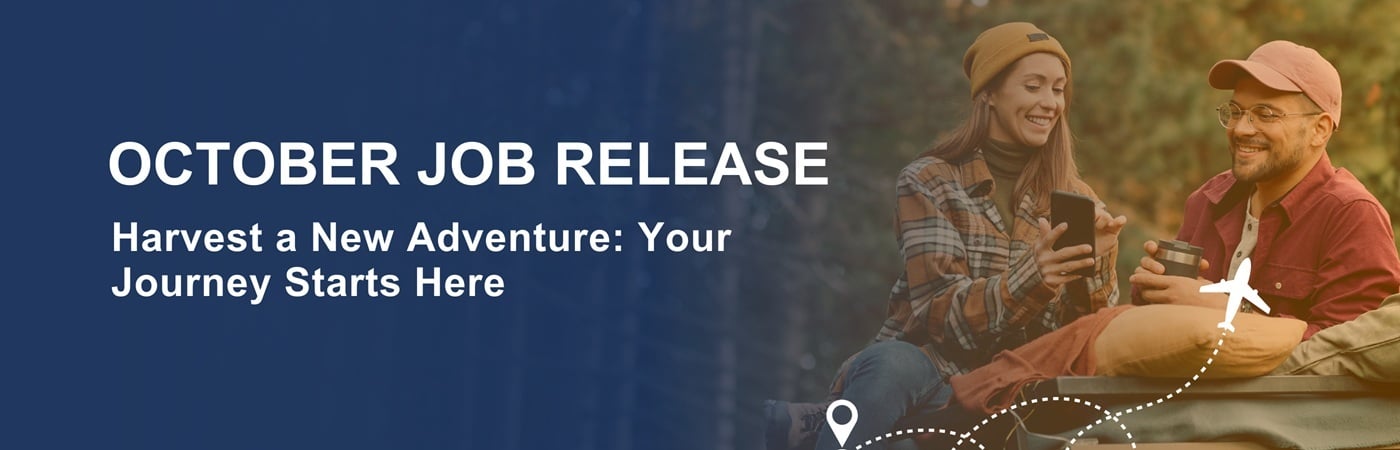 Banner image of healthcare travelers with the text, 'October Job Release: Harvest a New Adventure: Your Journey Starts Here'