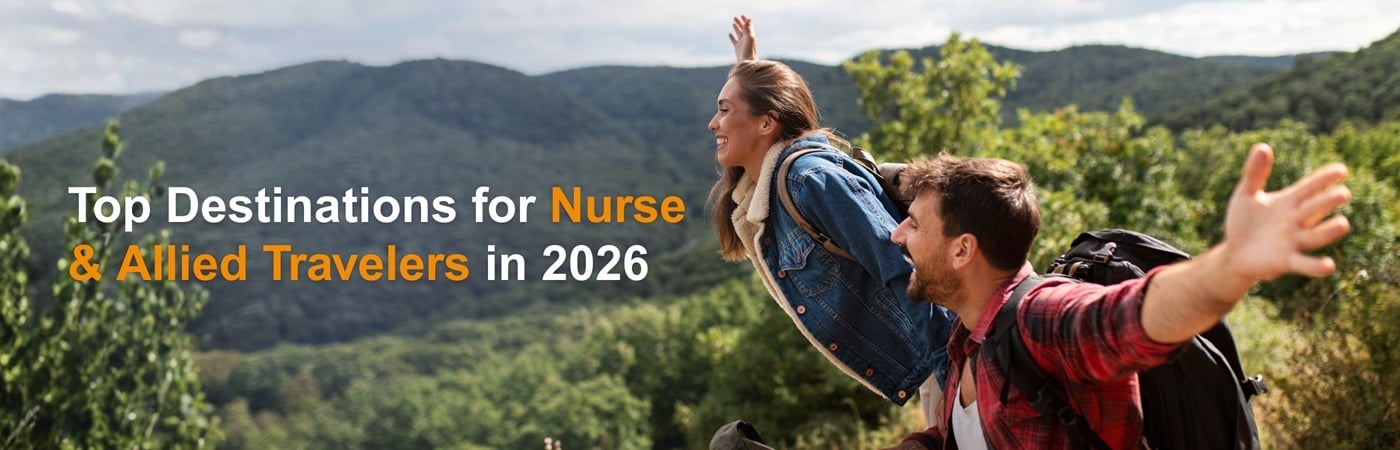 Banner image showing two travelers having a great time with the text, 'Top Destinations for Nurse & Allied Travelers in 2026'