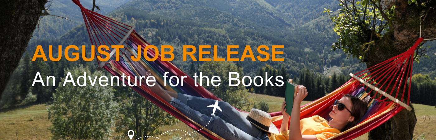 Banner image showing a travel nurse relaxing and the text, 'August Job Release: An Adventure for the Books'
