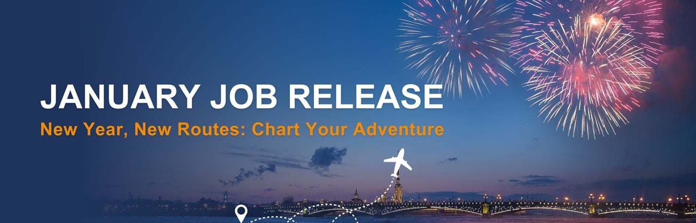 Image showing New Year's fireworks and the text, 'January Job Release: New Year, New Routes: Chart Your Adventure'