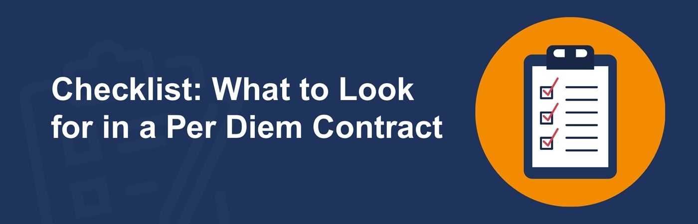 Banner image with an illustration of an employment form with the text, 'Checklist: What to Look for in a Per Diem Contract'