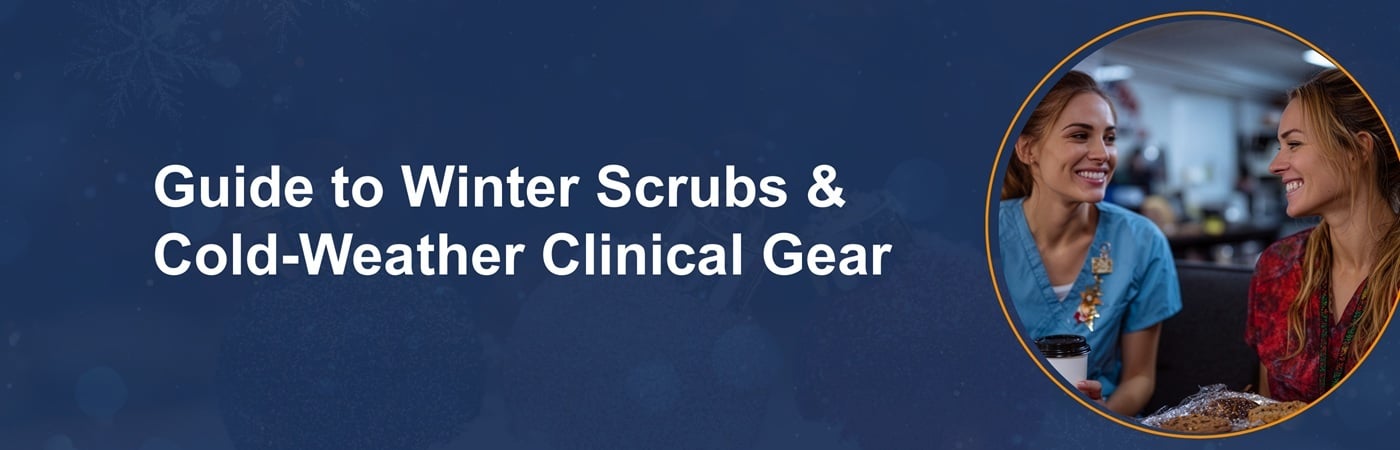 Banner image of happy clinical workers with the text, 'Guide to Winter Scrubs & Cold-Weather Winter Gear'
